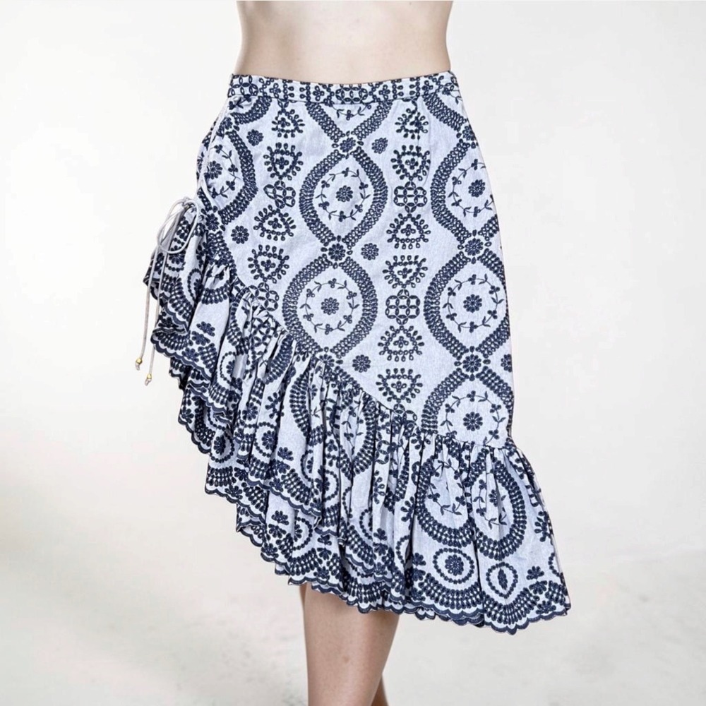 Loveshackfancy Alana Skirt Asymmetrical Blue Denim Chambray Eyelet Sz 2